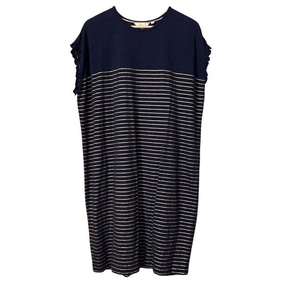 Boden Blue Gold Metallic Stripe Jersey Knit T-Shirt Dress cotton Ruffle Cuffs US - Picture 1 of 7